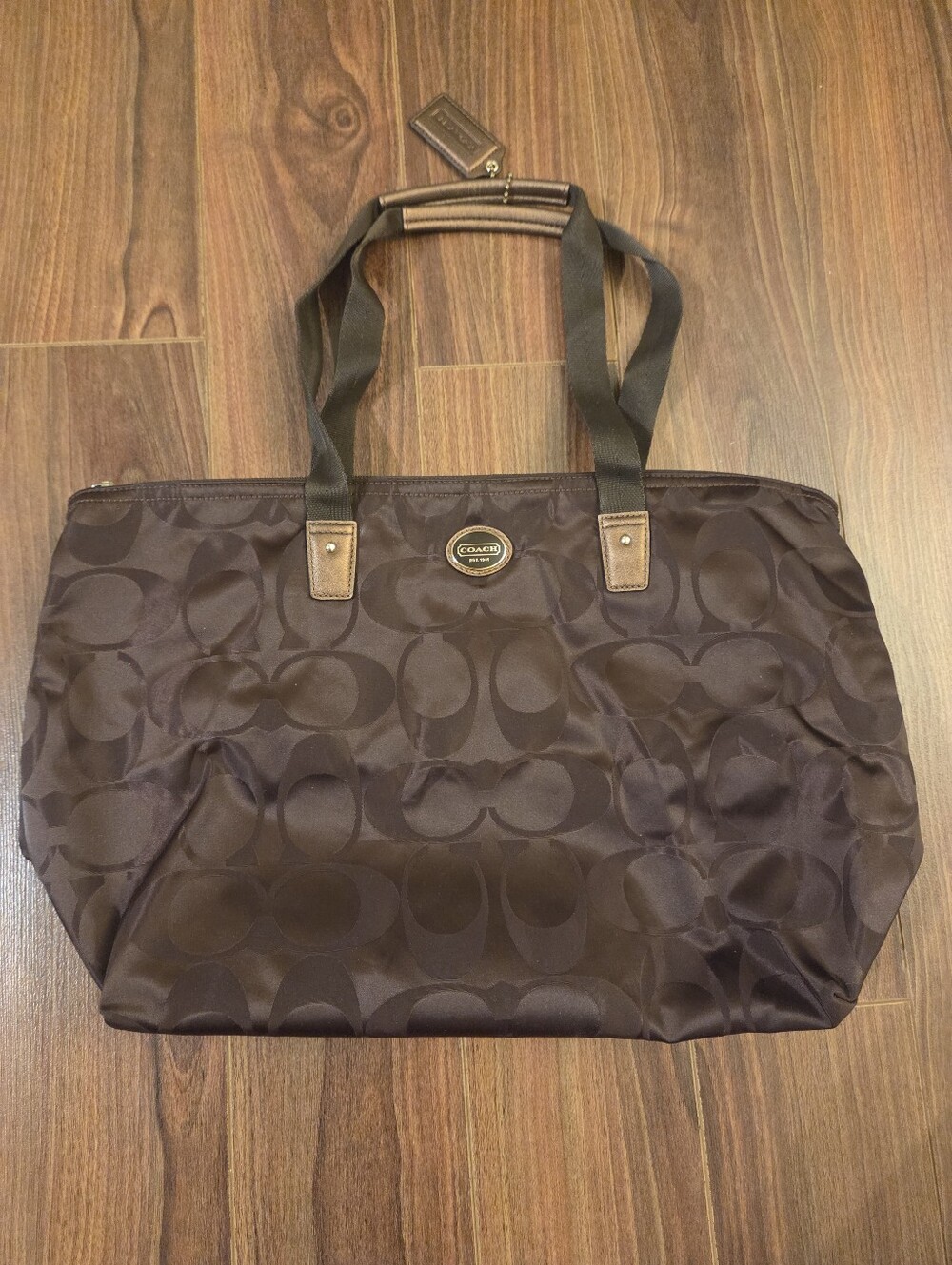 NEW Coach Getaway Signature Nylon Tote Bag - Brown with Matching Zip Pouch